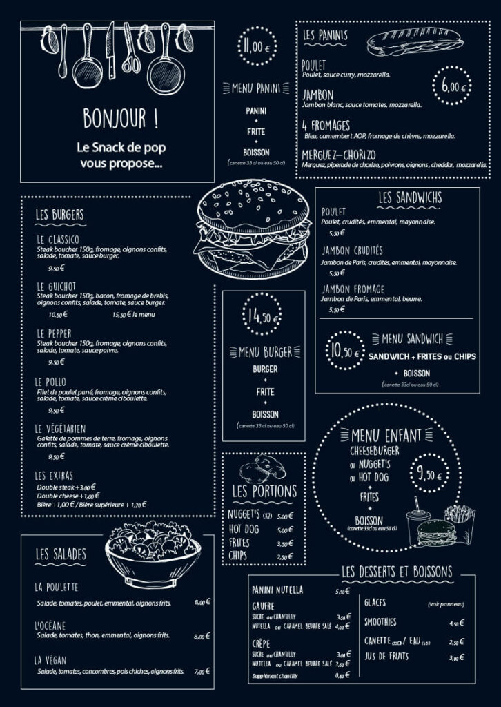 Carte des menus de l'espace restauration du snack de la Base de Pop