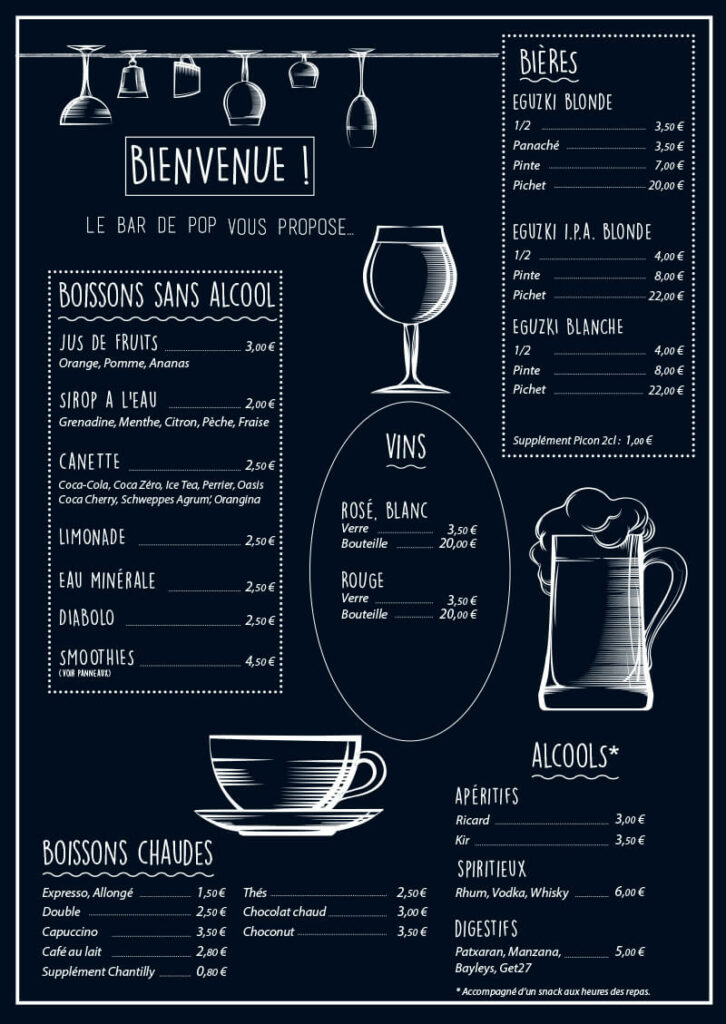 Carte des menus du bar l'espace restauration de la Base de Pop